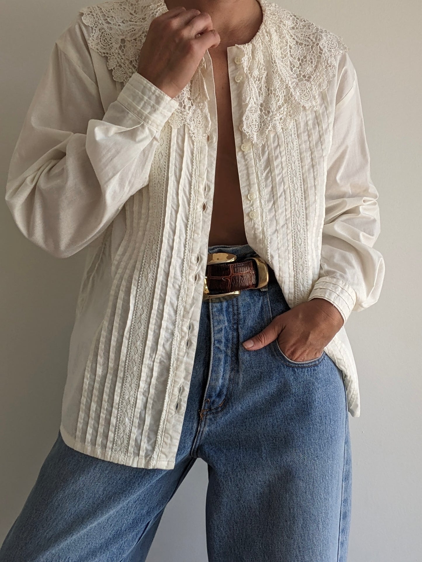 Vintage Lace-Collared Ivory Blouse