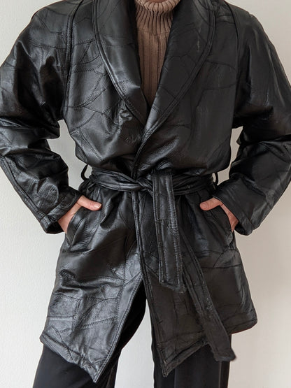 Vintage Onyx Belted Patchwork Leather Coat