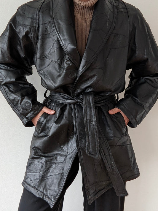 Vintage Onyx Belted Patchwork Leather Coat