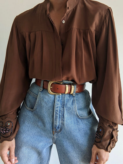 Lovely Vintage Cocoa Pleated Silk Blouse