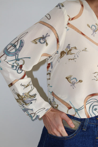 Vintage Equestrian Illustrated Silk Blouse