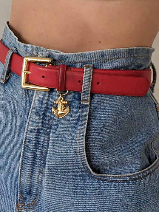 Vintage Red Leather & Anchor Pendant Belt