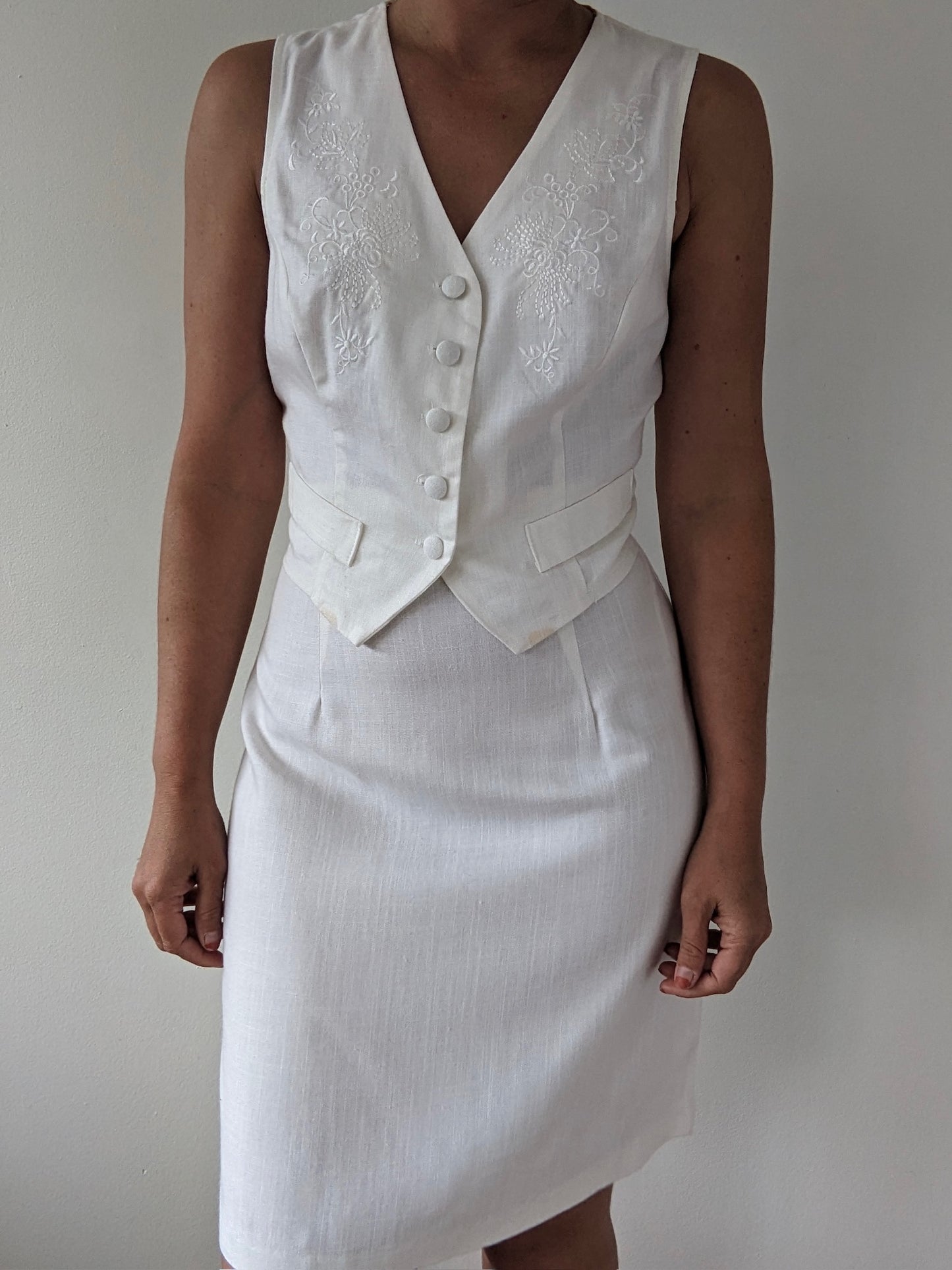 Lovely Vintage Ivory Linen Vest & Skirt Set