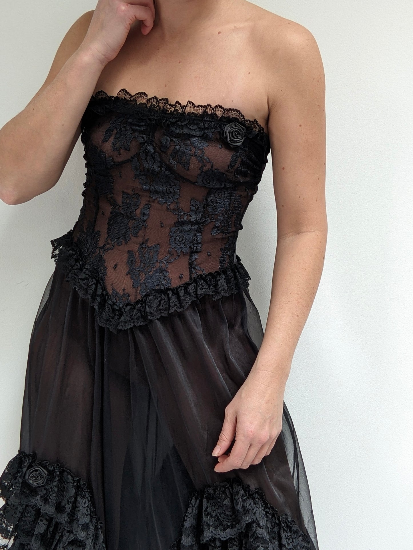 Incredible Vintage Sheer Lace Ruffled Dress