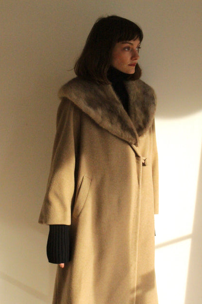 Vintage Latte Pure Cashmere & Fur Collar Coat