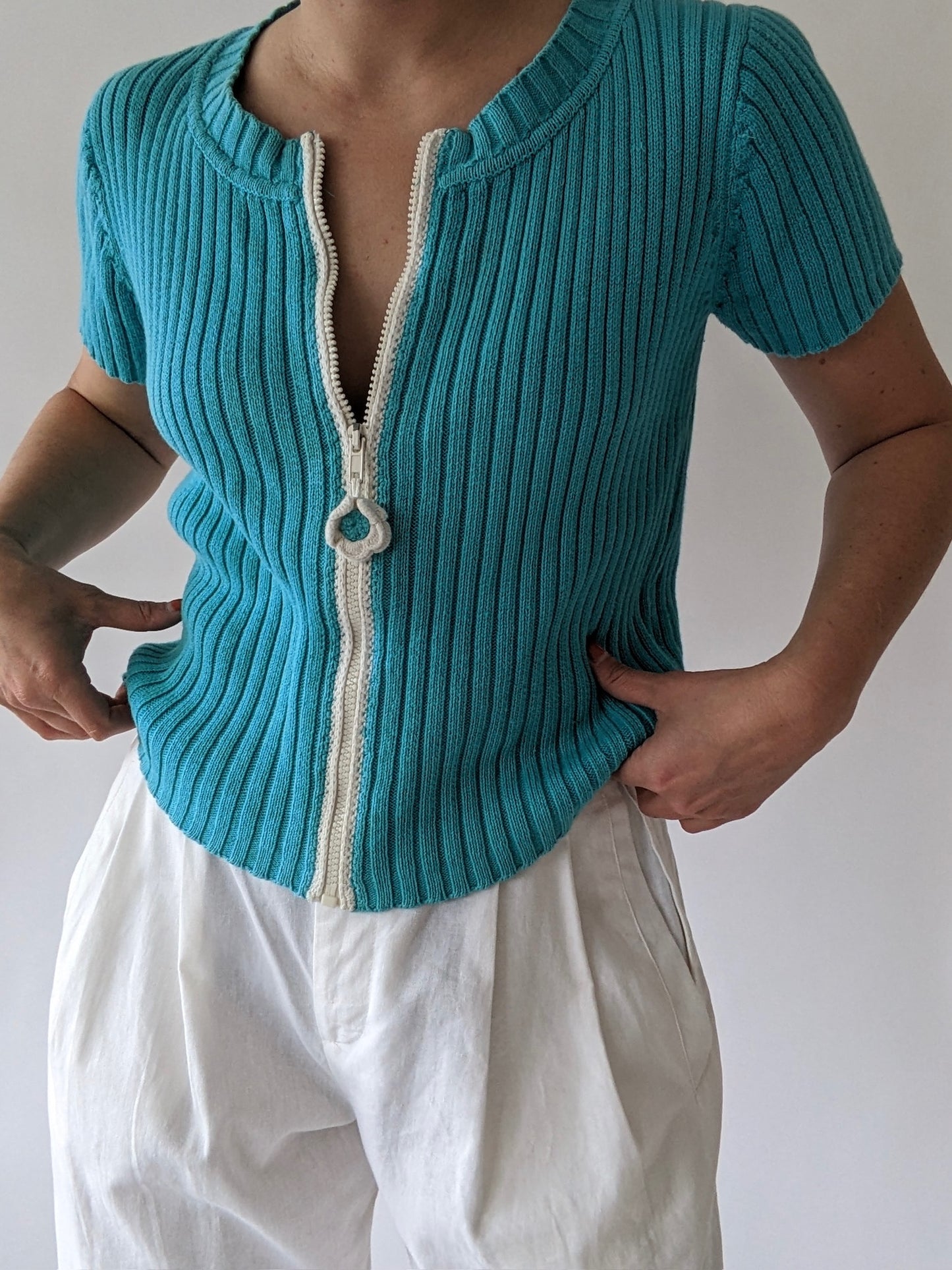 90s Aqua Ribbed Zip Cardigan
