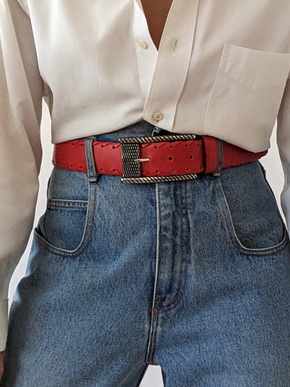 Bold Vintage Red Leather & Silver Hardware Belt