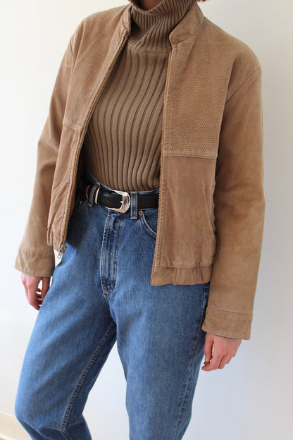 Vintage Cropped Latte Suede Bomber