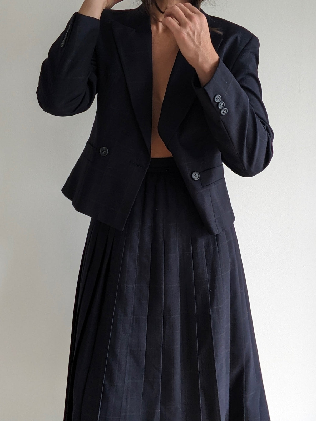 Vintage Midnight Wool Pleated Skirt & Blazer Set