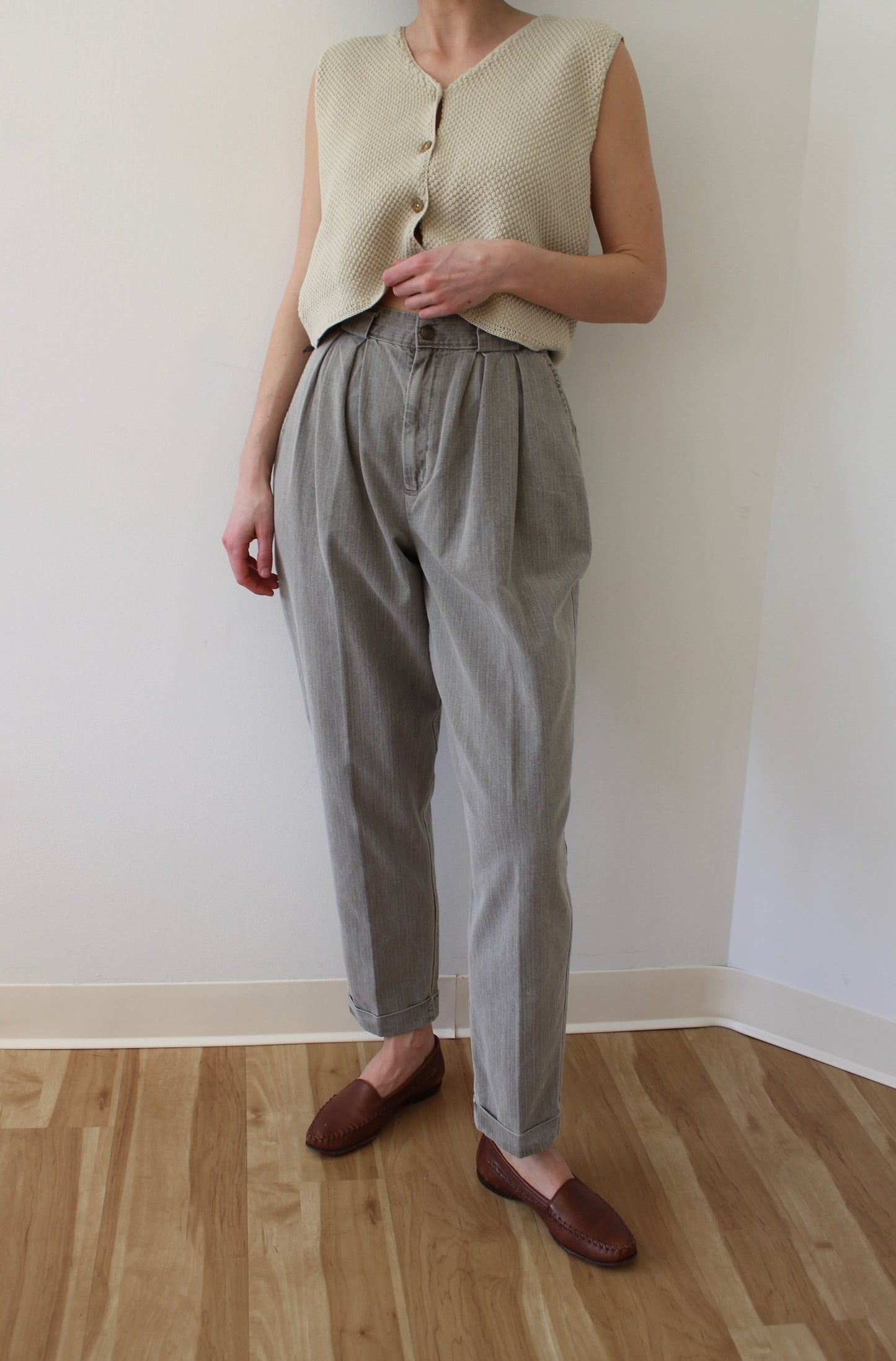 Vintage Stone Pleated Cotton Trousers