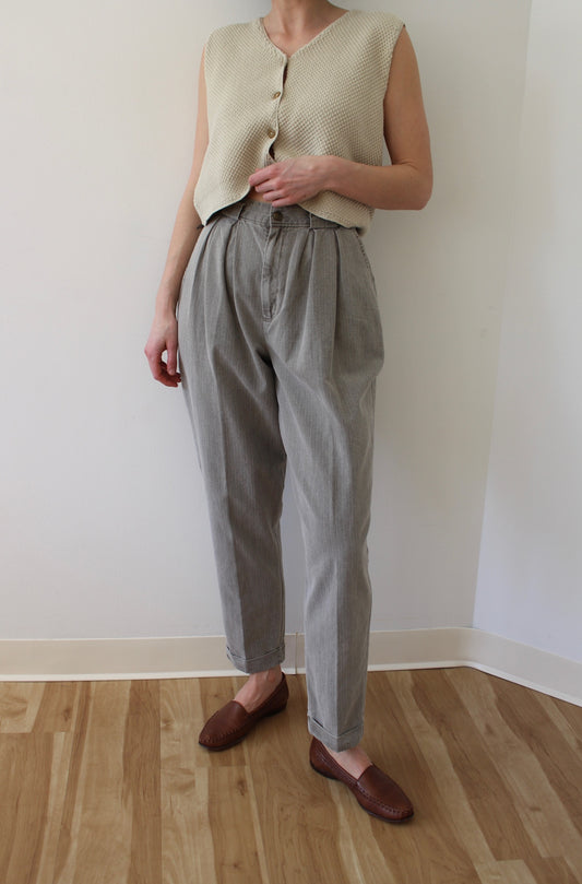 Vintage Stone Pleated Cotton Trousers