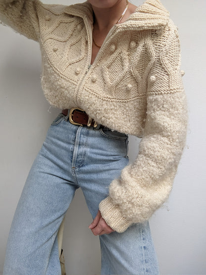 Vintage Hand Woven Cream Pure Wool Pom Pom Zip Jacket