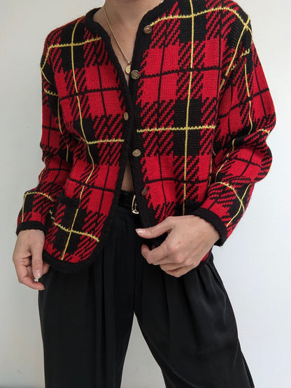 Vintage Crimson Plaid Cardigan