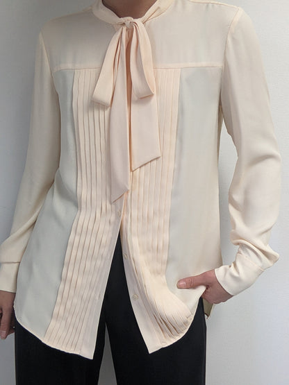 Vintage Buttercream Pleated Tie Blouse