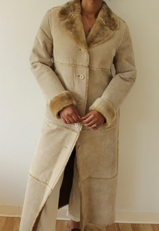 Vintage Sand Suede & Faux Fur Lined Coat