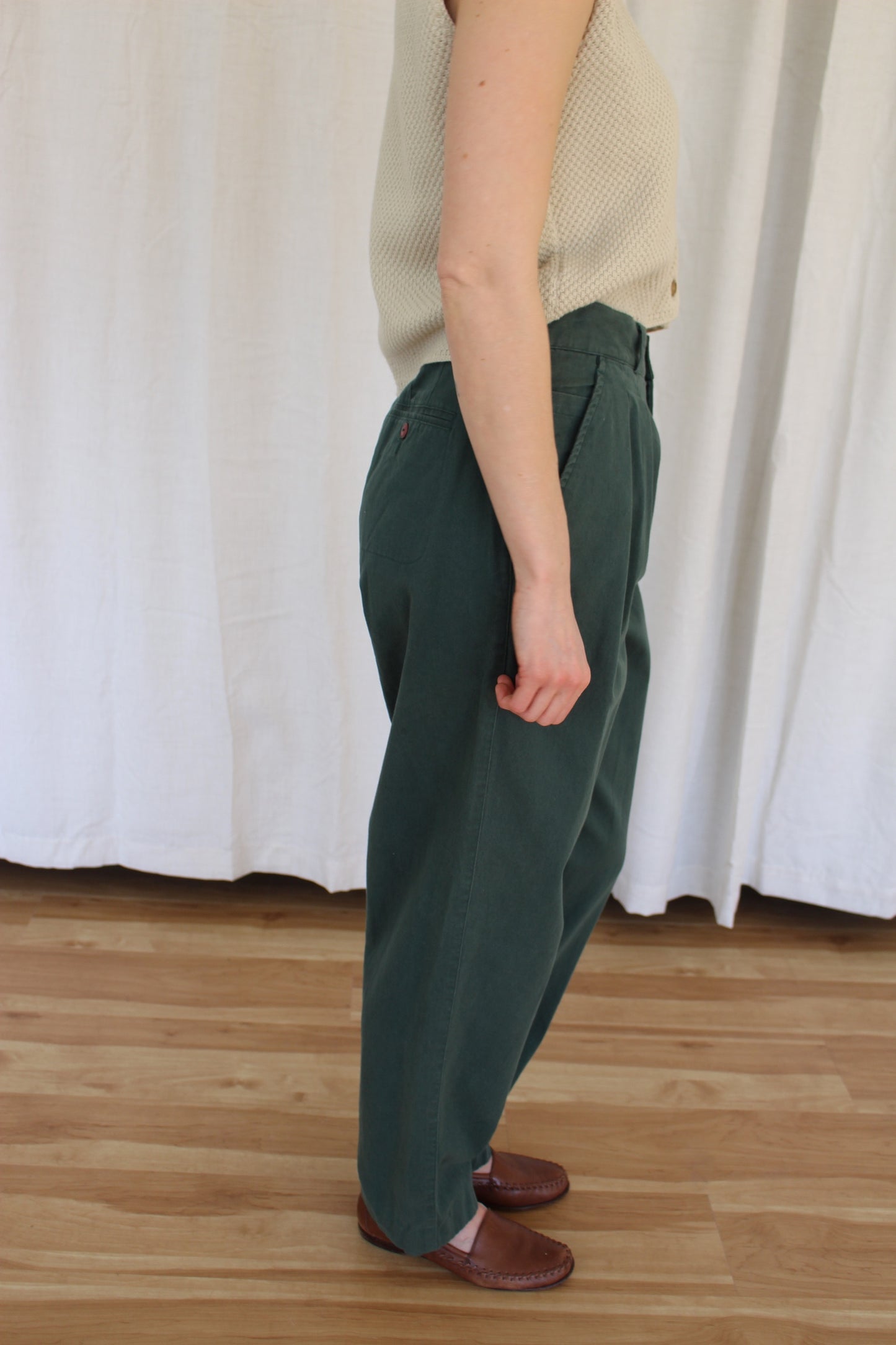Vintage Evergreen Pleated Cotton Trousers