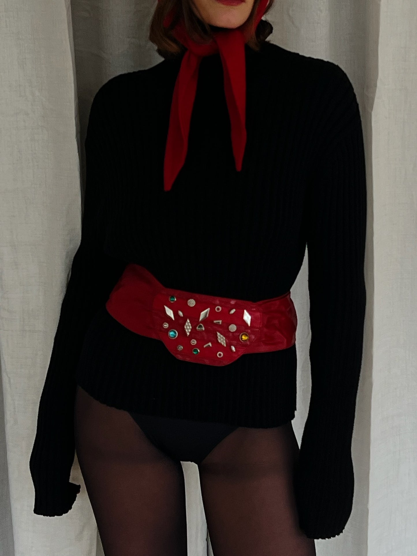 Fun Vintage Embellished Holiday Red Leather Belt