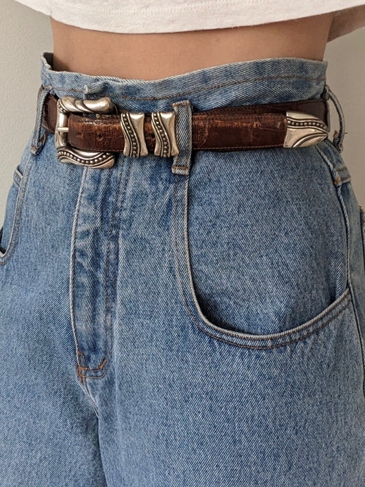 Bold Vintage Silver Hardware & Embossed Leather Belt