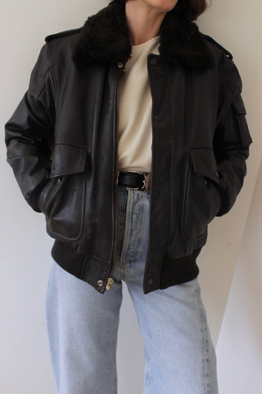 Incredible Vintage Chocolate Leather & Faux Fur Bomber