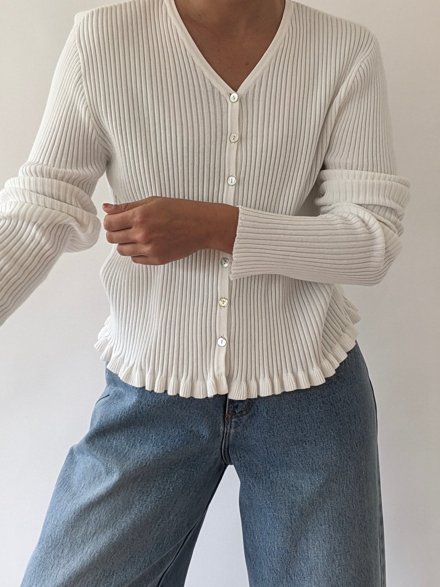 90s Ivory Ruffled Cotton Cardigan