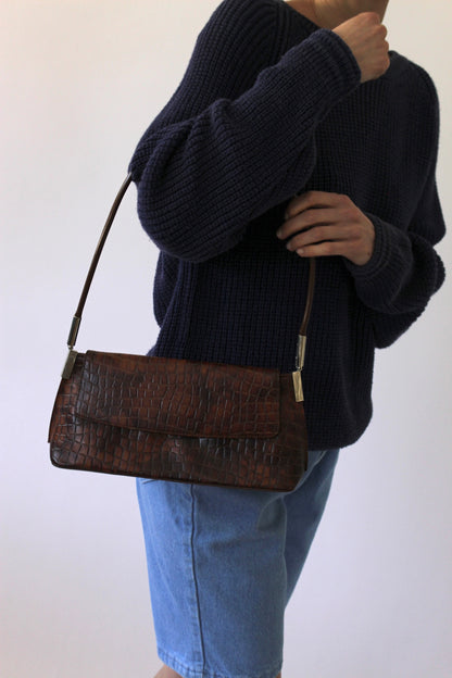 90s Croc-Embossed Leather Shoulder Bag