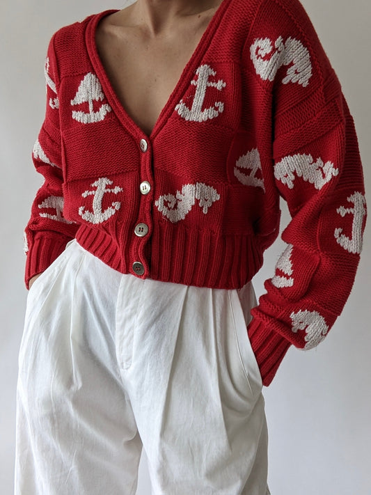 Bold Vintage Cropped Nautical Cardigan