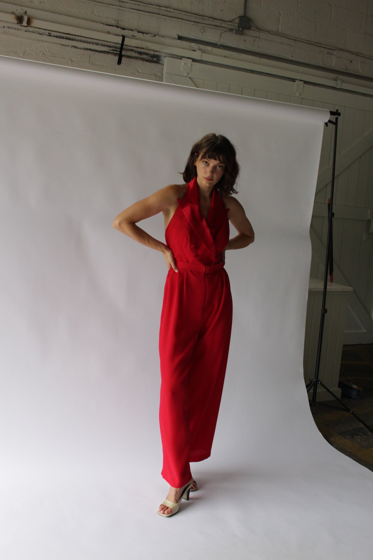 Vintage Crimson Halter Jumpsuit & Bolero Set