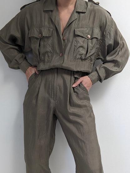 Vintage Olive Smooth Silk Jumpsuit