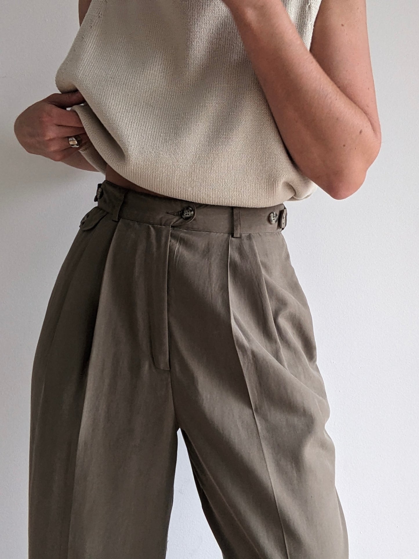 Vintage Sage Pleated Silk Trousers