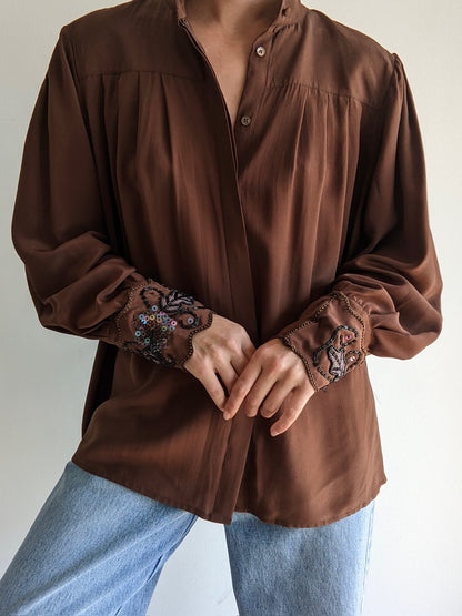 Lovely Vintage Cocoa Pleated Silk Blouse