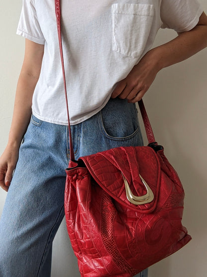 Bold Vintage Embossed Leather & Snakeskin Bucket Bag