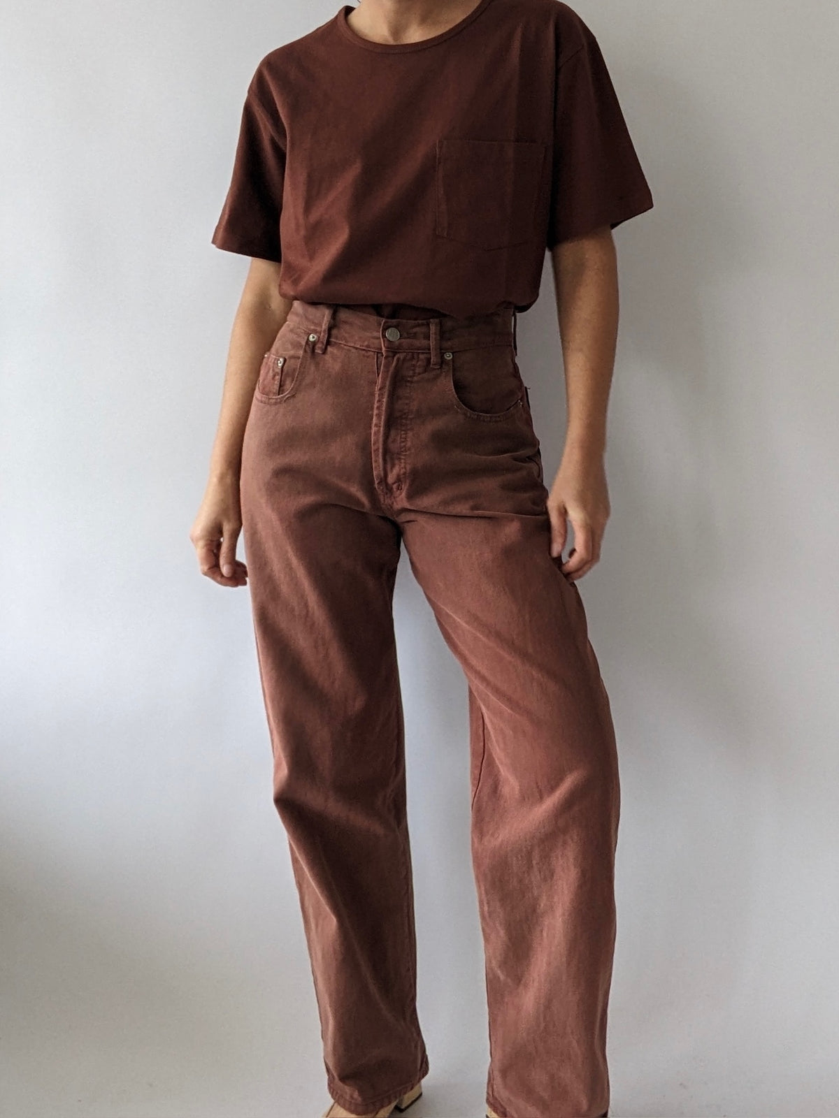 Vintage Faded Brick Red Button-Fly Jeans