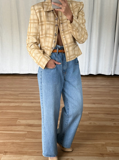 Vintage Sand Plaid Silk Cropped Jacket