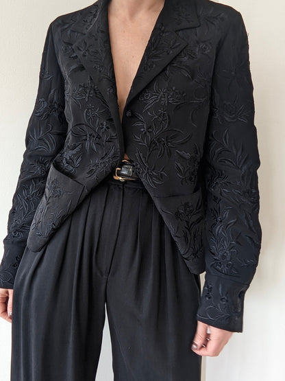 Vintage Dana Buchman Ink Black Embroidered Silk Jacket
