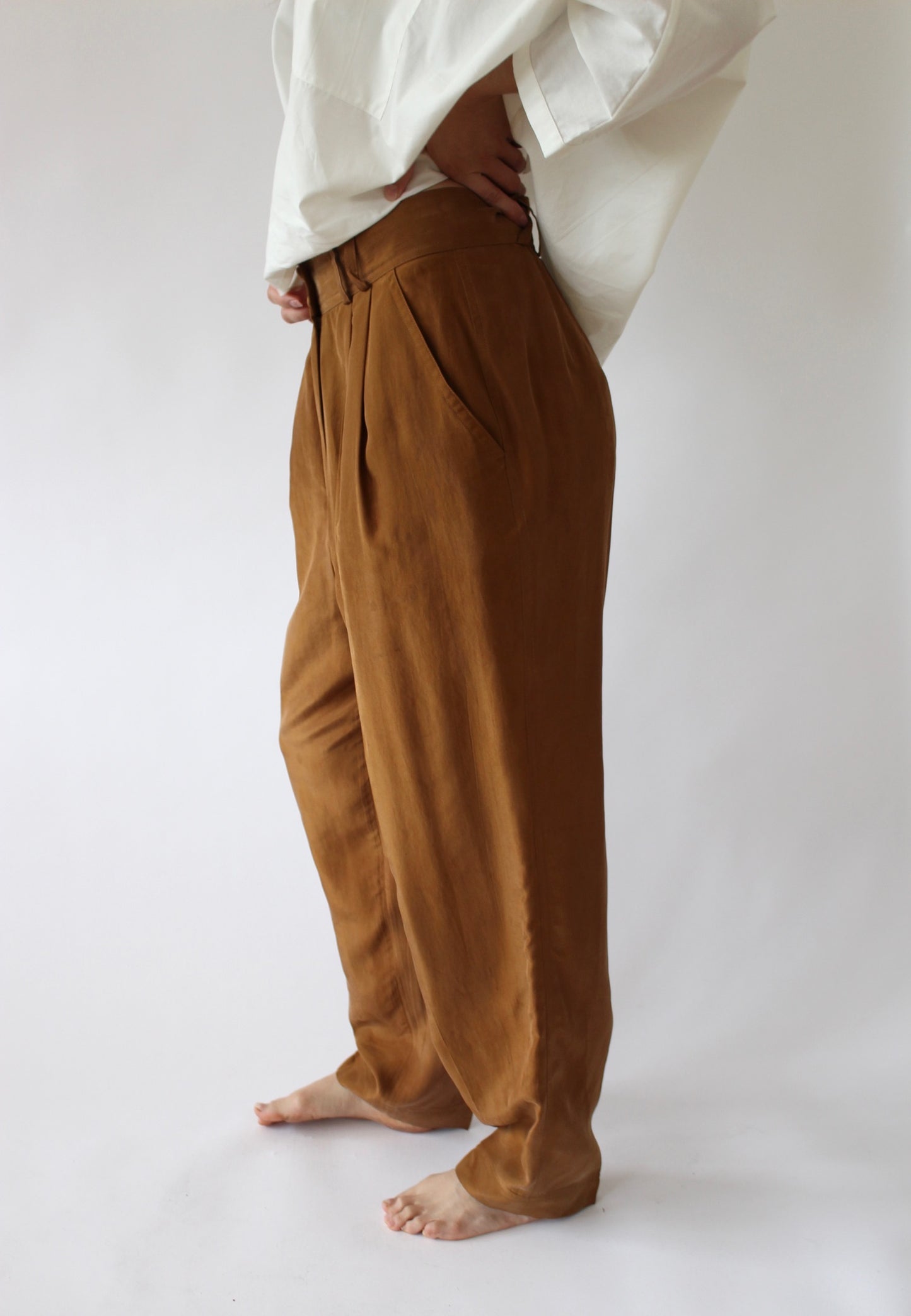 Vintage Toffee Pleated Silk Trousers