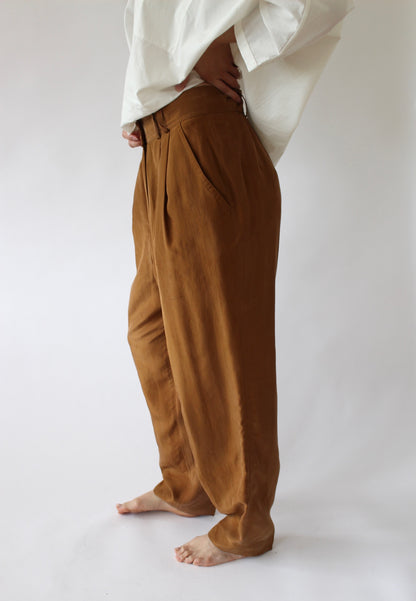 Vintage Toffee Pleated Silk Trousers