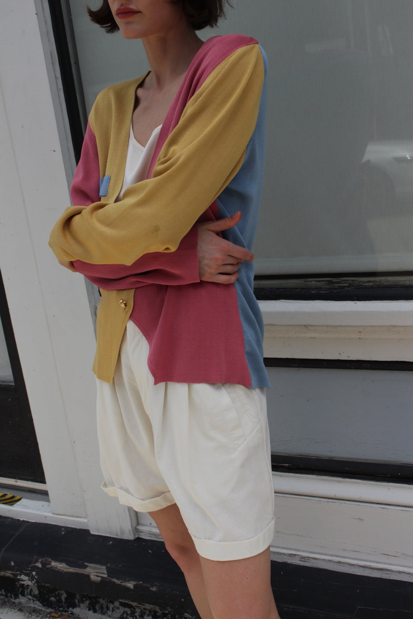 Rare 80s Vintage Color Block Silk Cardigan