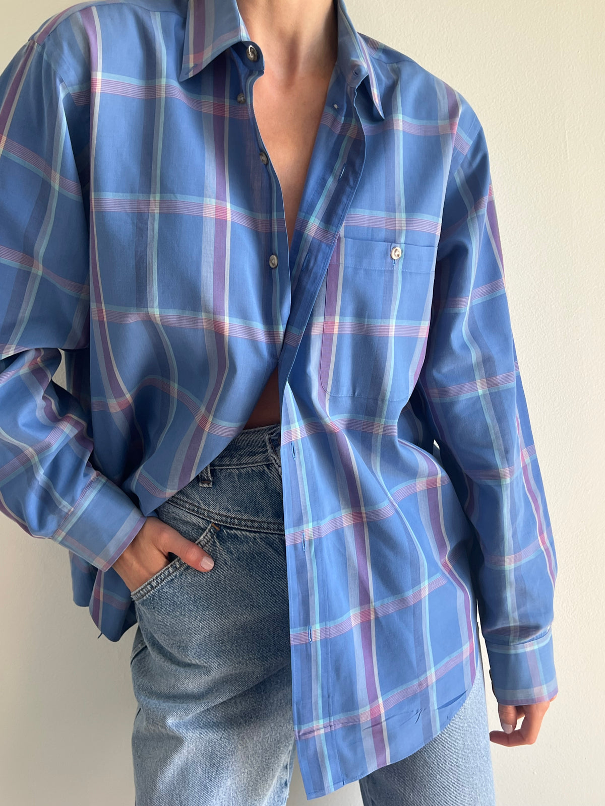 Vintage Christian Dior Sky Blue Plaid Button Down