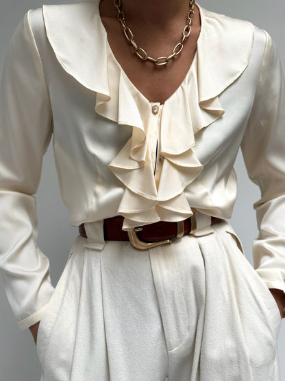 Cream Silk Charmeuse Ruffled Blouse