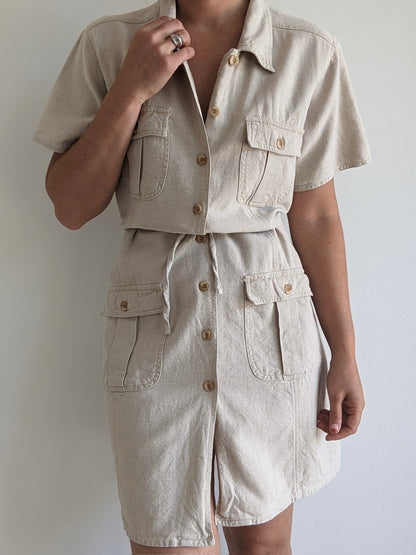 Vintage Wheat Linen Button-Up Dress