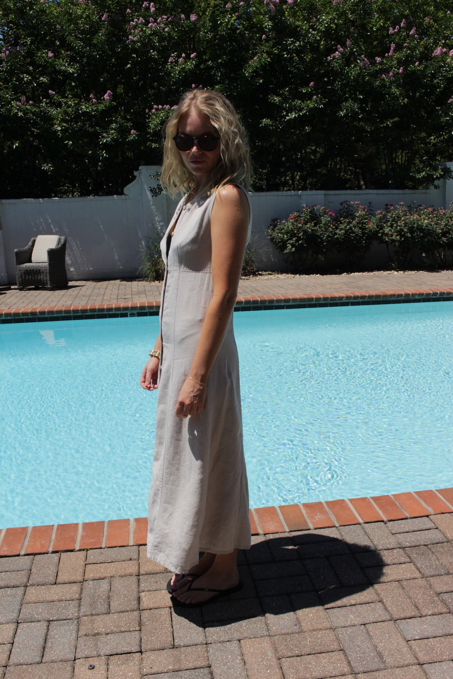 Vintage Pale Oat Buttoned Linen Dress