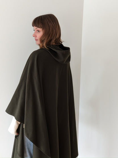 Incredible Vintage Olive Wool & Cashmere Hooded Cape