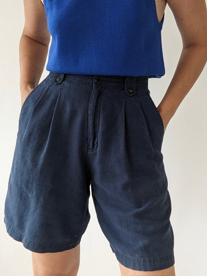 Vintage Navy Linen Pleated Shorts
