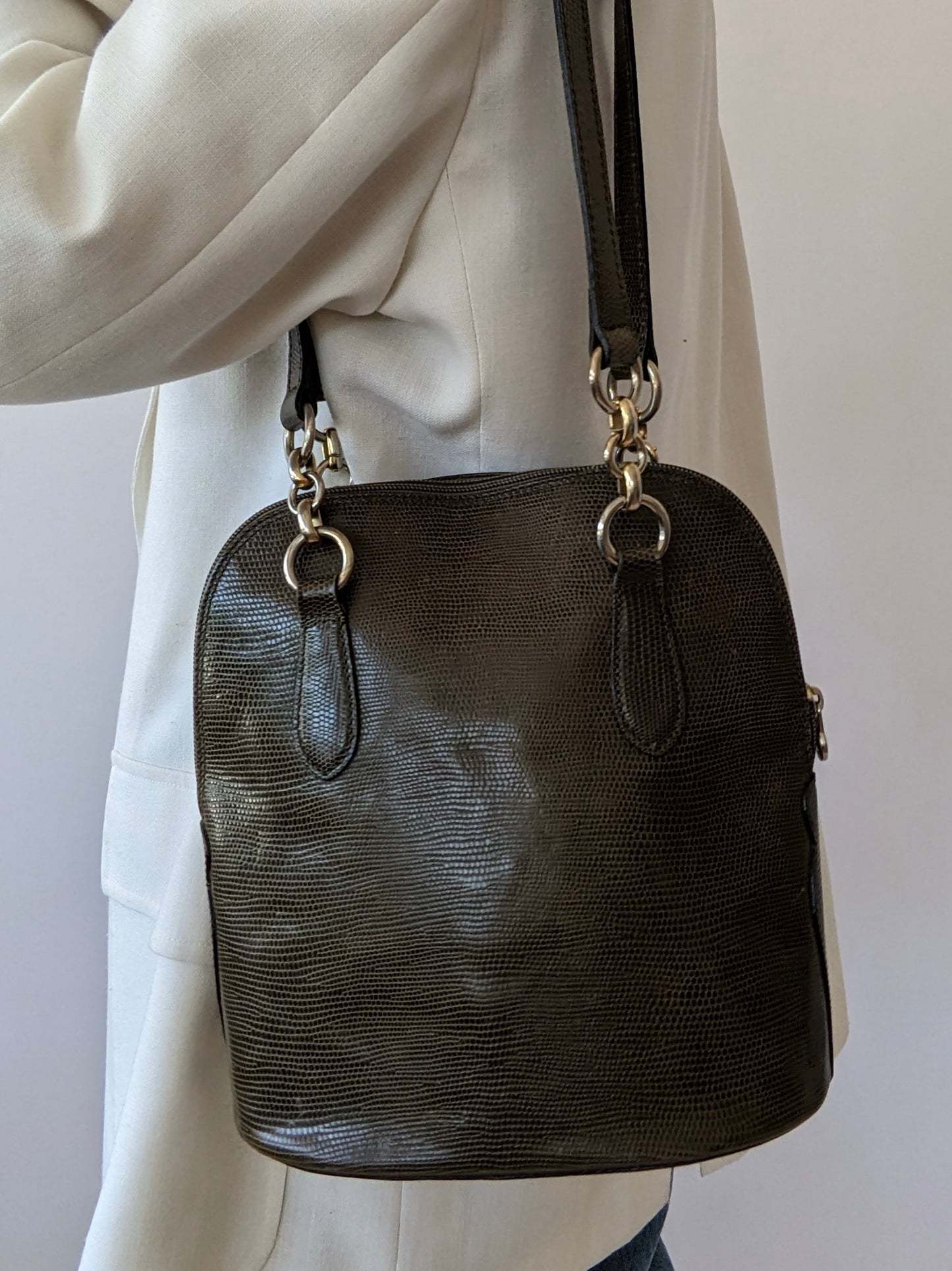 Vintage Olive Reptile-Embossed Leather Bag