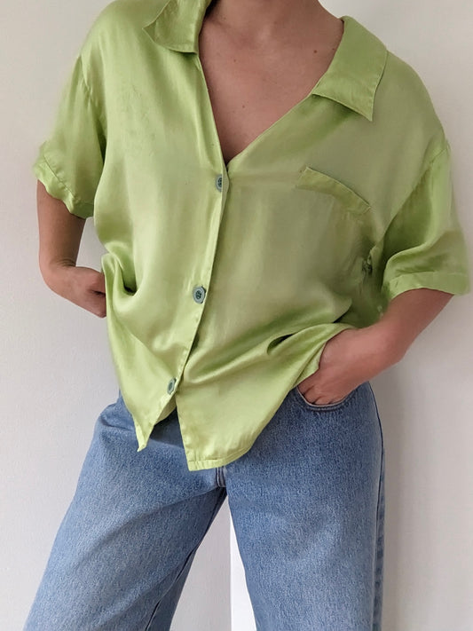 Vintage Chartreuse Silk Satin Blouse
