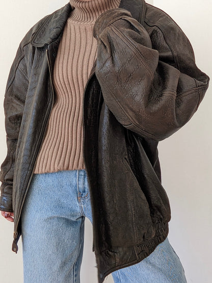 Vintage Espresso Pebbled Leather Bomber Jacket