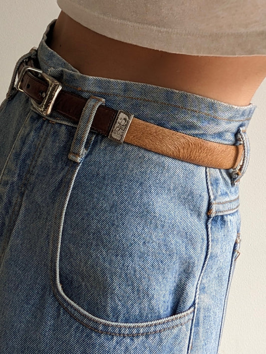 Vintage Color Blocked Calf Hair & Leather Belt