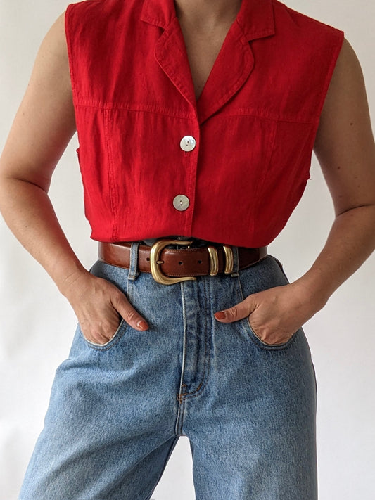 Vintage Cherry Linen Sleeveless Blouse