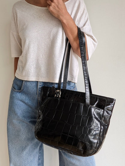 Vintage Paola Del Lungo Croc-Embossed Leather Tote