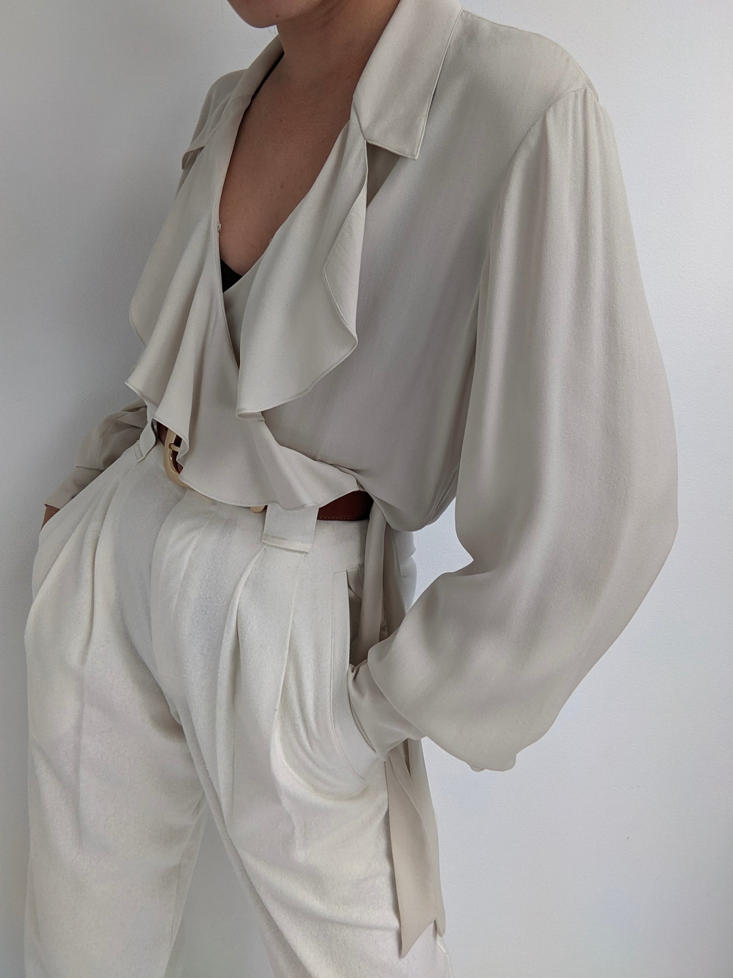 Beautiful Vintage Ruffled Silk Wrap Blouse